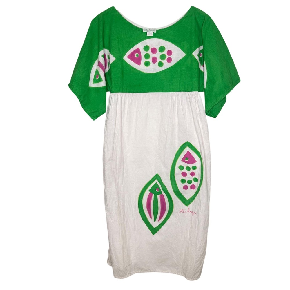 Vintage Lechuza for The Fabrics Dress Hand Painted Art Indie‎ 70s Beach Resort